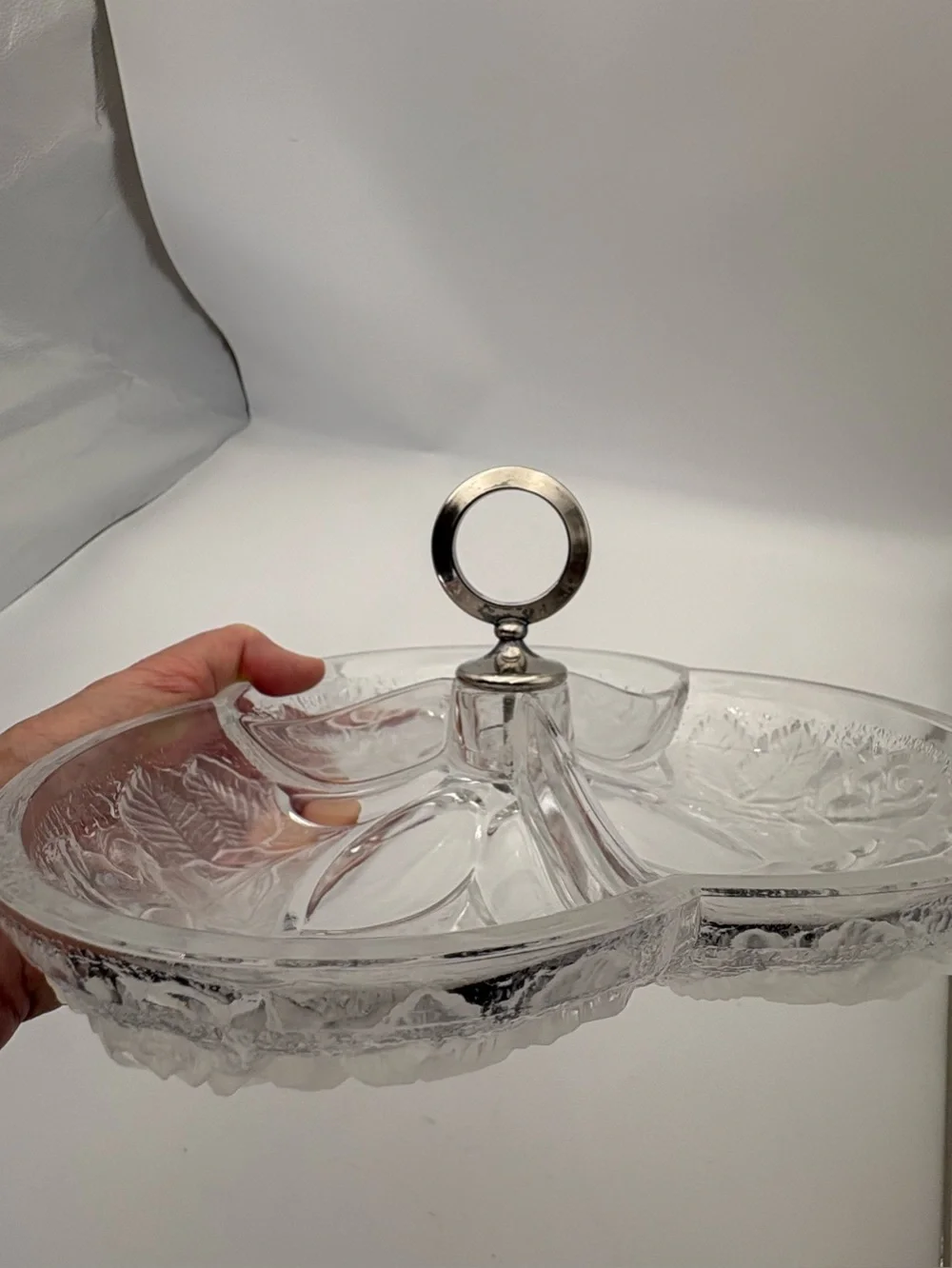 Gorgeous Vintage Crystal Divided Serving Dish Pair In Frosted Rose Pattern